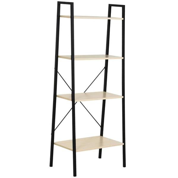 4-tier ladder shelf with black metal frame and light wood shelves, cross-brace design