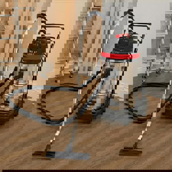 80L wet and dry vacuum with a stainless steel body, flexible 5m hose, and sturdy wheels, ideal for home and workshop cleaning