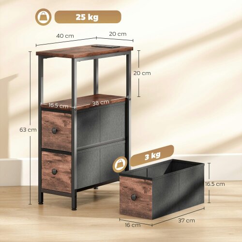 Wyld Haus Suro Wooden Narrow Bedside Table With 2 Drawers And Built In Charging Station
