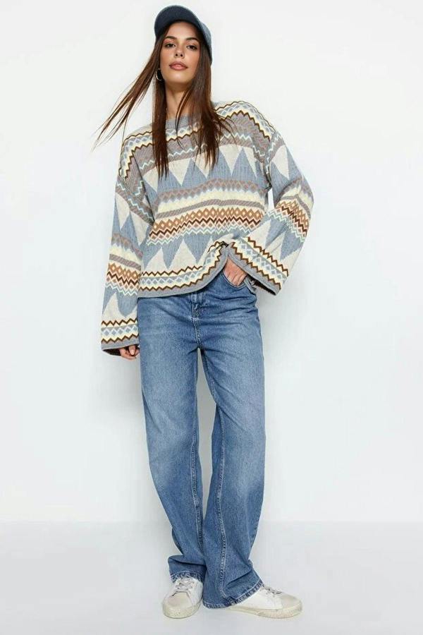 WOVCOR Ethnic Patterned Crew Neck Knit Sweater