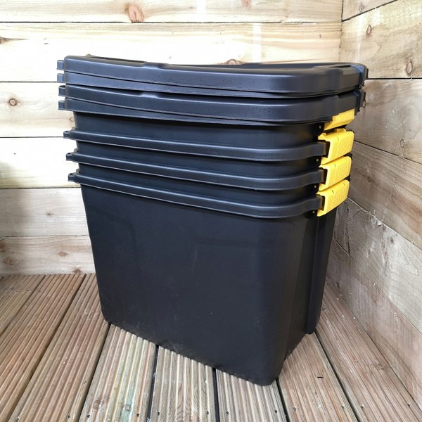 Samuel Alexander 4 x 60L Heavy Duty Storage Tubs Sturdy, Lockable, Stackable and Nestable Design Storage Chests with Clips in Black