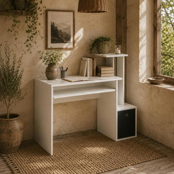 Wyld Haus Tono 100cm Wooden White Home Office Desk With Sliding Keyboard Tray Drawer And Shelving