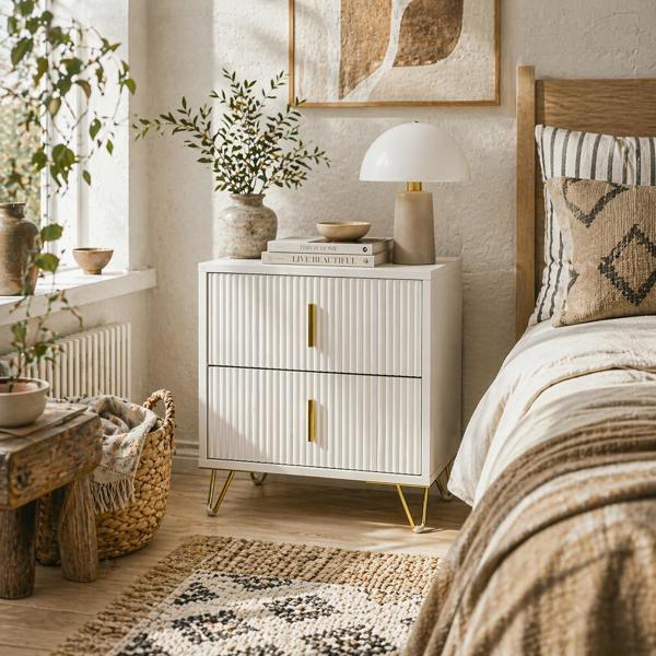 Wyld Haus Bapano White And Gold 2 Drawer Ribbed Bedside Table Gold Accents