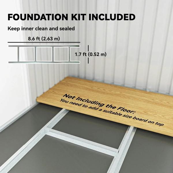 Metal foundation kit with sealed floor platform inside the shed base frame