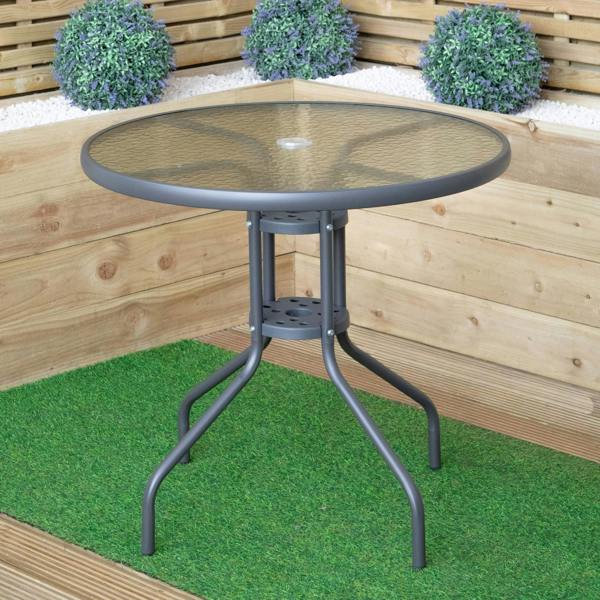Samuel Alexander 4 Person Outdoor Round Garden Table with Glass Top in Grey