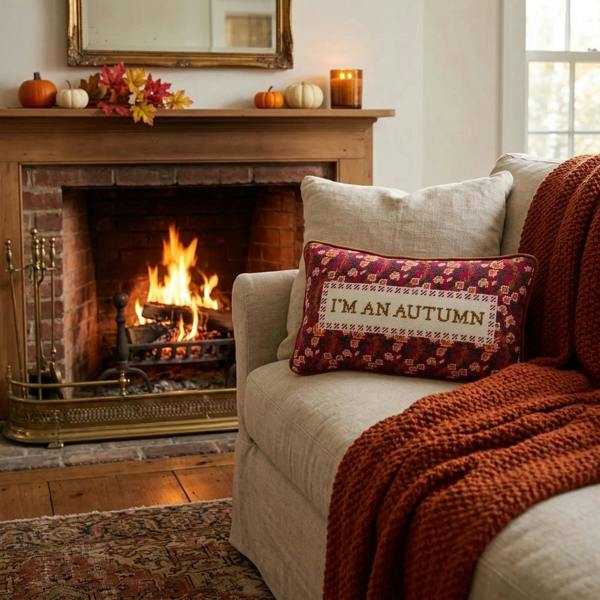 The 'I'm An Autumn' needlepoint statement pillow resting on a beige fabric sofa next to an orange knit blanket, set in front of a brick fireplace with a burning fire and autumnal mantel decor.