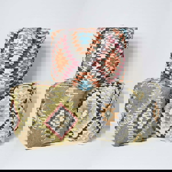 HOMESCAPES Manila Orange and Pink Kilim Footstool Handwoven Beanbag Pouffe - 43 x 43 cm