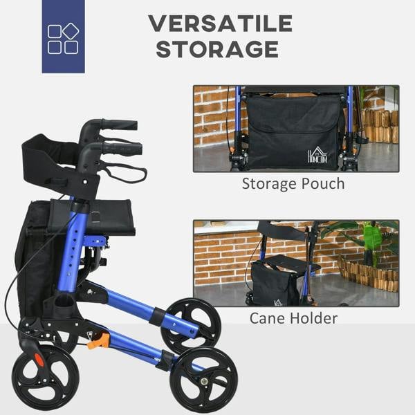 Blue rollator walker with black storage pouch and cane holder, side angle