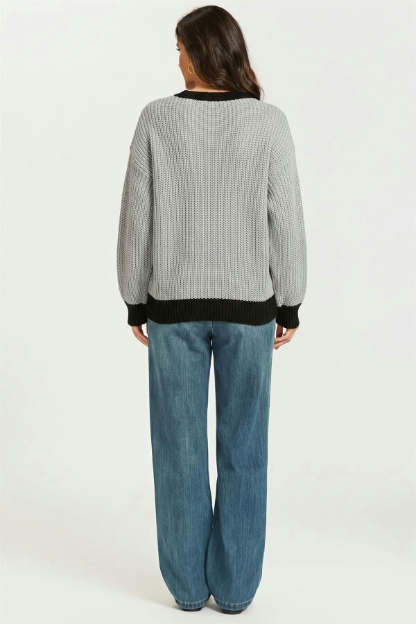 FS Collection Black Neck Knit Jumper Top In Grey