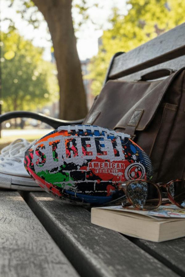 Multicolour Street American football on a park bench with satchel bag, sunglasses and book - Optimum