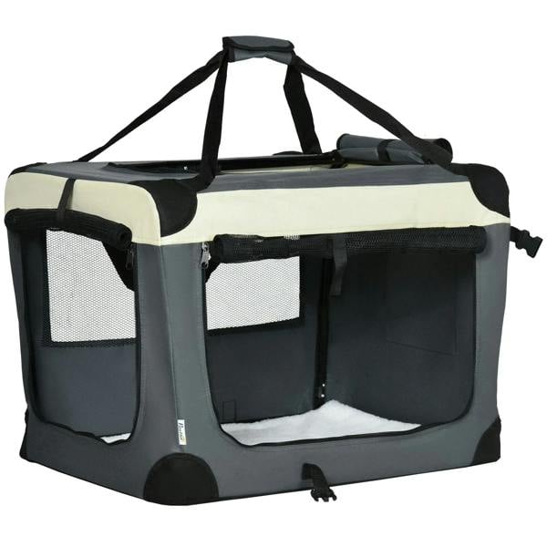 Grey foldable pet carrier with cushion, front mesh windows, and top carry handle