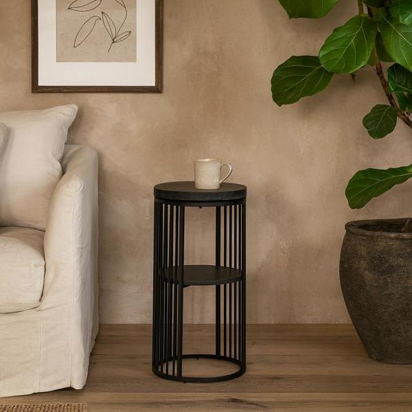 Wyld Haus Dublin Black Marble Effect Round Bedside Table with Black Steel Frame