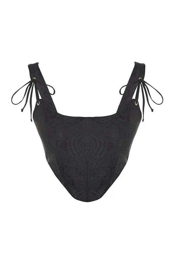 WOVCOR Crop Lined Corset Detail Knitted Lace Bustier