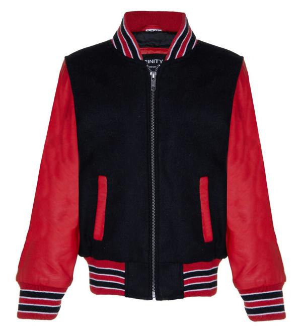 Infinity Leather Kids Varsity Black & Red Bomber Jacket with Real Leather Sleeves 3-13 yrs