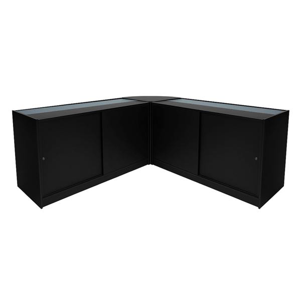 Black Iris LED shop counter set with two B1500 display units, featuring sleek glass tops and smooth surfaces, ideal for retail spaces