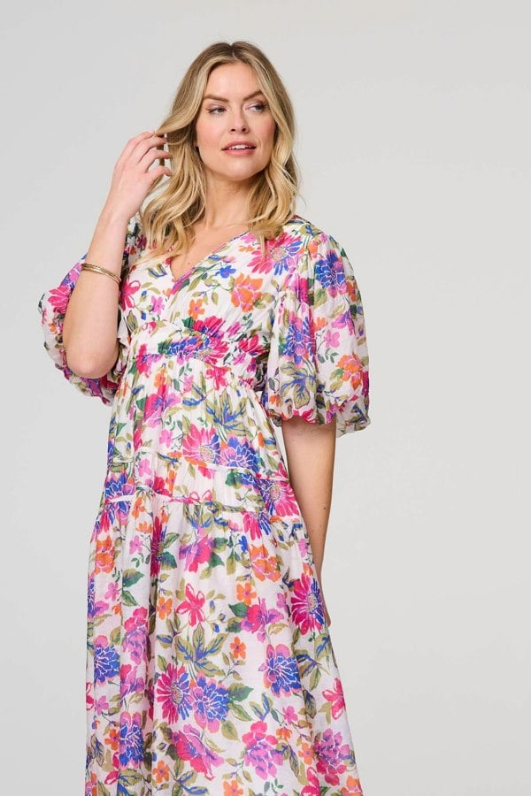 Pink | Floral 1/2 Puff Sleeve Midi Dress