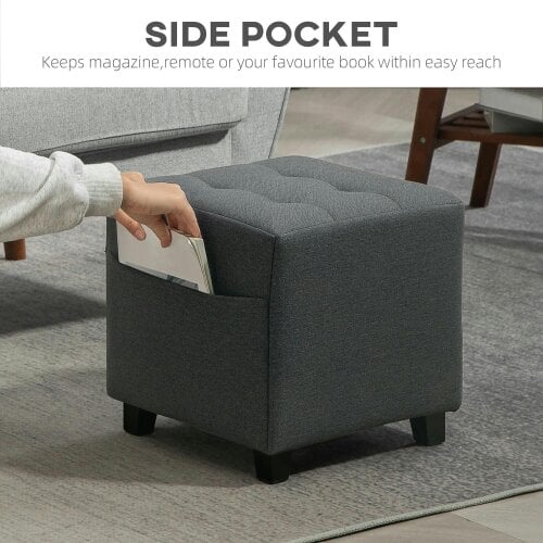 Bobobiy Square Footstool, Small Ottoman with Side Pocket, 35 x 35cm, Grey, 35 x 35 x 35cm