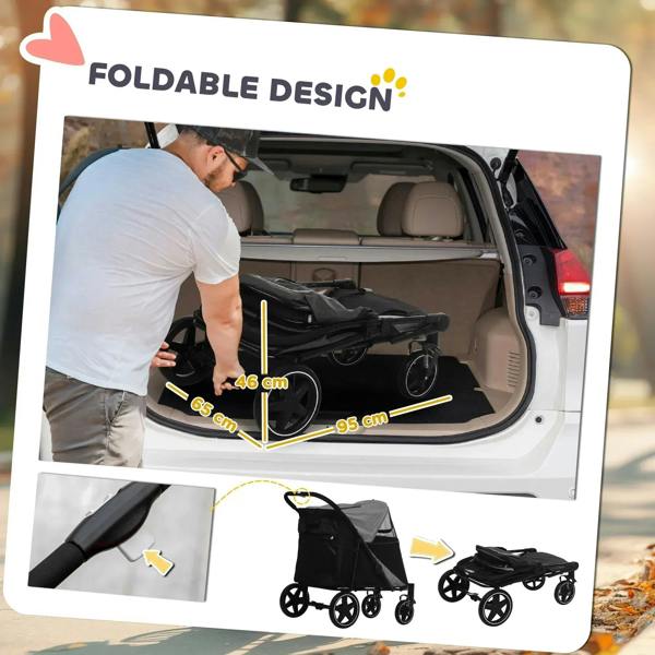 Foldable black pet stroller shown being carried and stored in a car trunk