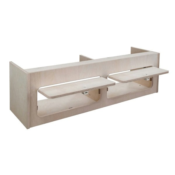 Overhead camper cabinet in light wood, featuring two pull-down shelves, sleek design, and smooth finish, ideal for compact spaces