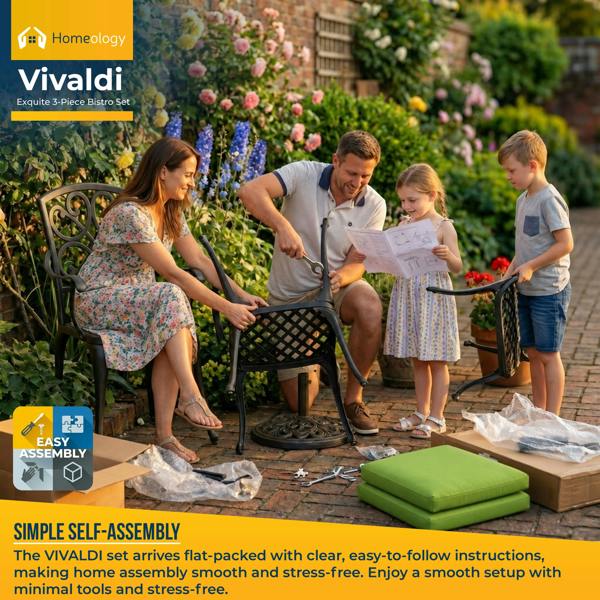 Homeology VIVALDI Black 3-Piece Cast Aluminium Garden Bistro Set - with Green Cushions