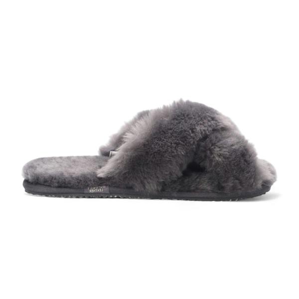 Infinity Leather Women's Sheepskin Slippers Grey Warm Winter Fur Crossover - Snowbelle