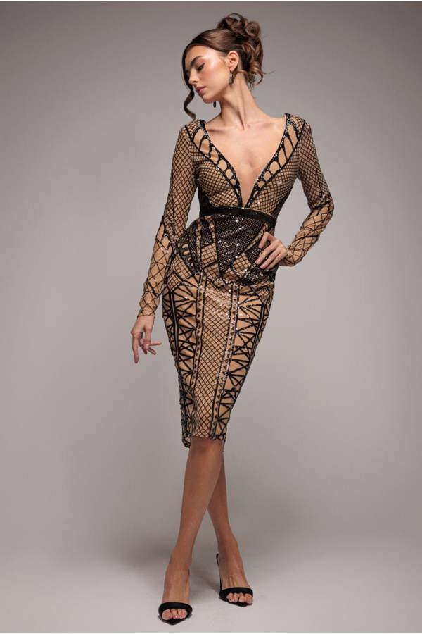 Geometric Sequin Plunge Midi - Black DR4191