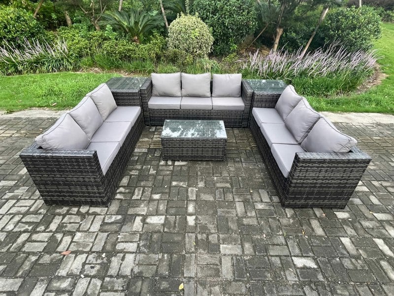 Fimous 9 Seater Outdoor Lounge Sofa Set Wicker PE Rattan Garden Furniture Set with Oblong Coffee Table 2 Side Tables Dark Grey Mixed