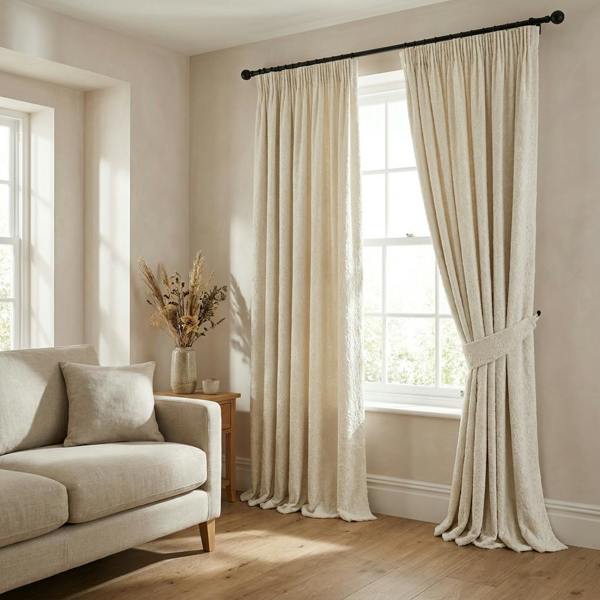 Athens made-to-measure curtains in Cloudy, styled in a living room