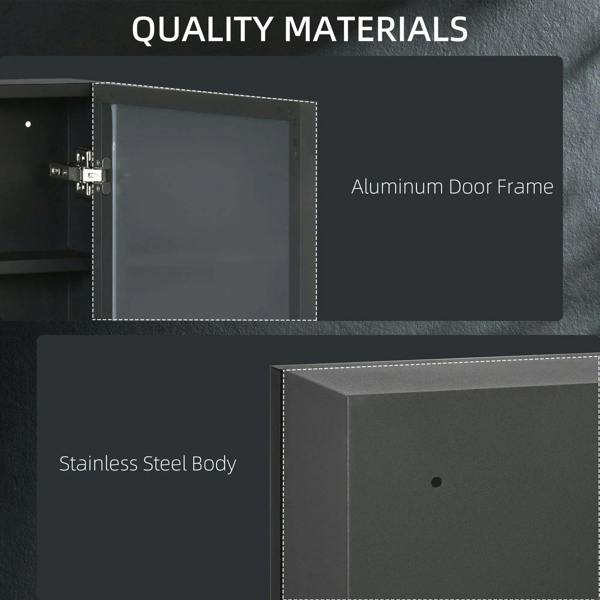 Black bathroom mirror cabinet with open door and metal frame detail