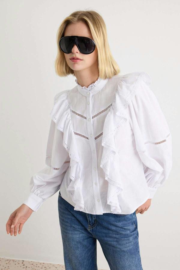 WOVCOR Ruffle Detail Boho Long Sleeve Shirt