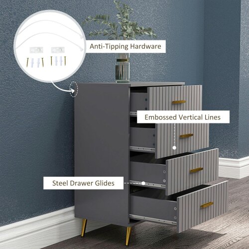 Wyld Haus Zine Wooden Grey And Gold Tone 4 Drawer Embossed Dresser
