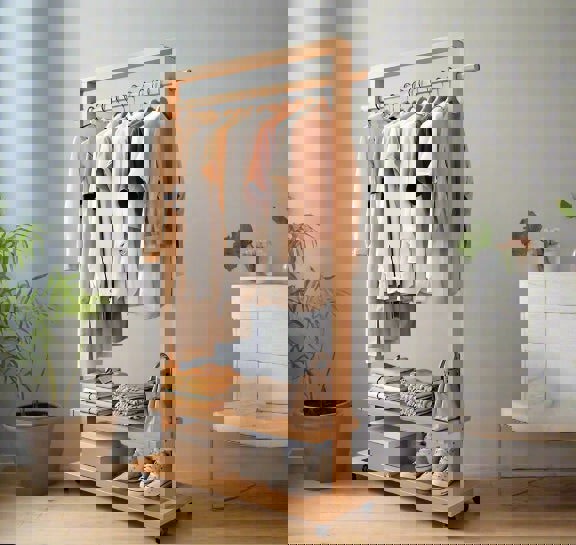 Modcraft Rolling Bamboo Clothes Rail with Shelf – Heavy Duty Wooden Garment Hanging Stand with Wheels