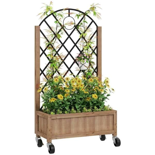 Brown wooden planter box with black metal lattice trellis and rolling casters