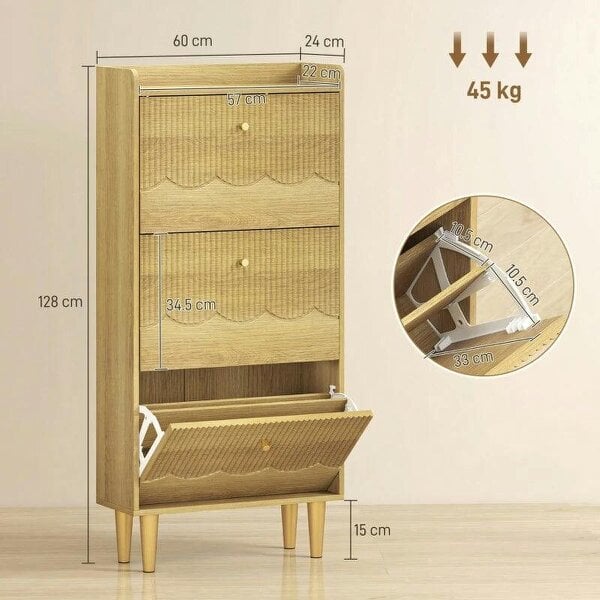 Bobobiy Narrow Shoe Cabinet, Modern Shoe Storage Cabinet with 3 Flip Drawers, Oak