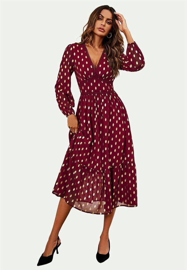 FS Collection Lace Trim Foil Long Sleeve Maxi Dress In Wine