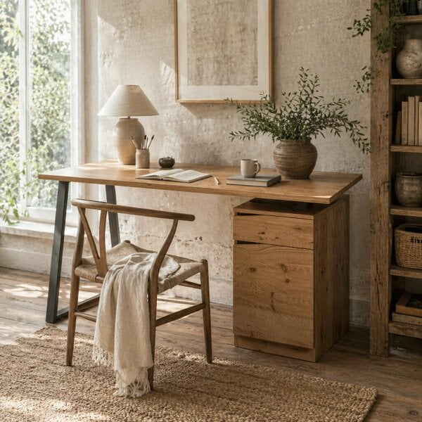 Wyld Haus Nolole 135cm Natural Wood Home Office Desk With Storage Drawer and Cabinet