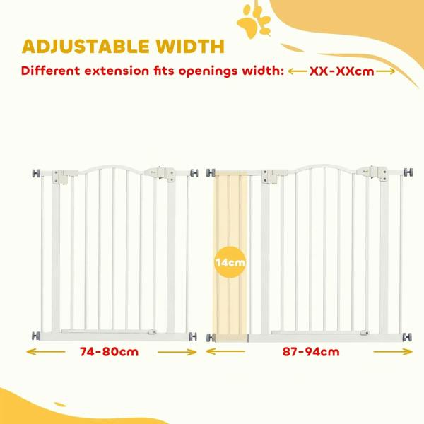 Adjustable-width white pet gate barrier showing extension width range
