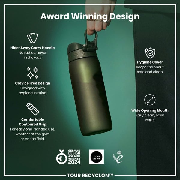 A dark-green water bottle is being held; its features are highlighted. The bottle has a hide-away handle, crevice-free design, contoured grip, hygiene cover, and wide opening mouth. Awards are shown for its design.