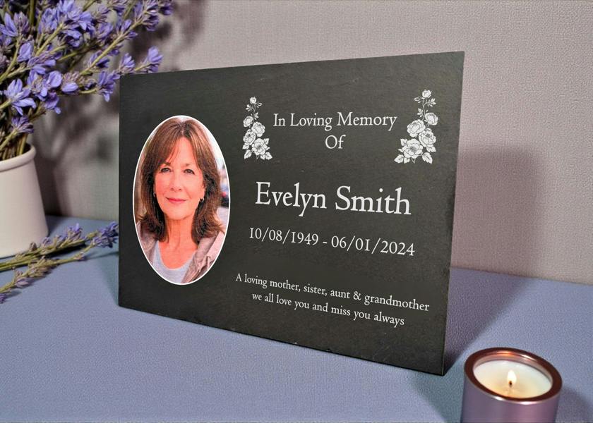 Memorials Direct Photo Slate Memorial Plaque, Peony,  Add a Portrait & Personalised Text | 35×25cm (14×10”)