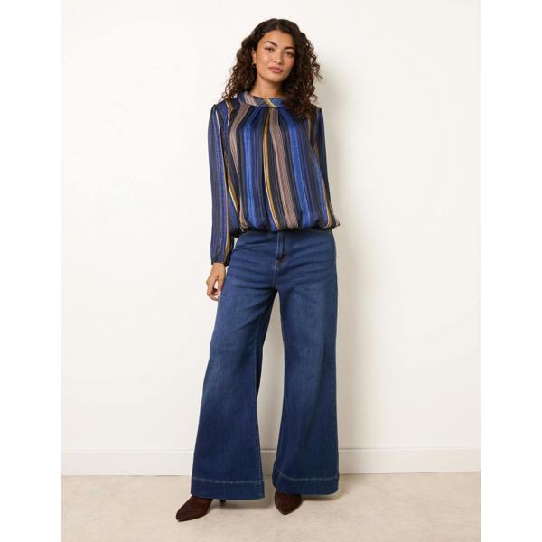 Blue Vanilla Metallic Vertical Multi Stripe Cowl Neck Blouse