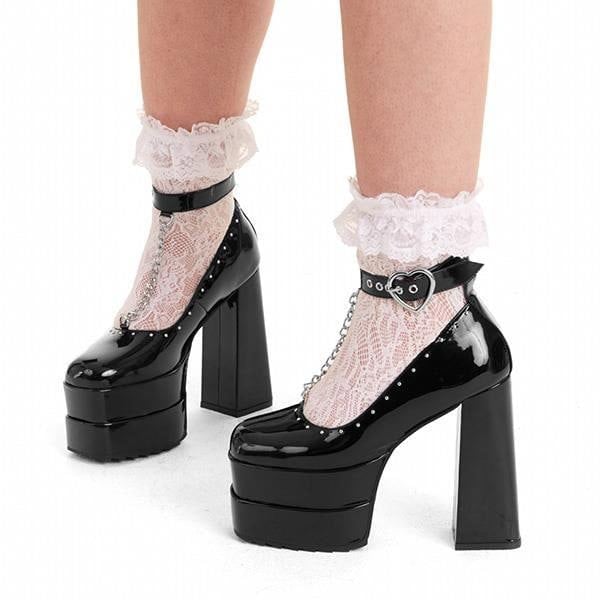 Lamoda Platform Heels Binded Round Toe High Heel Chain Strap & Buckle Black