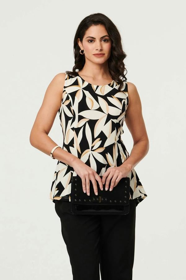 Black | Leaf Print Sleeveless Peplum Top
