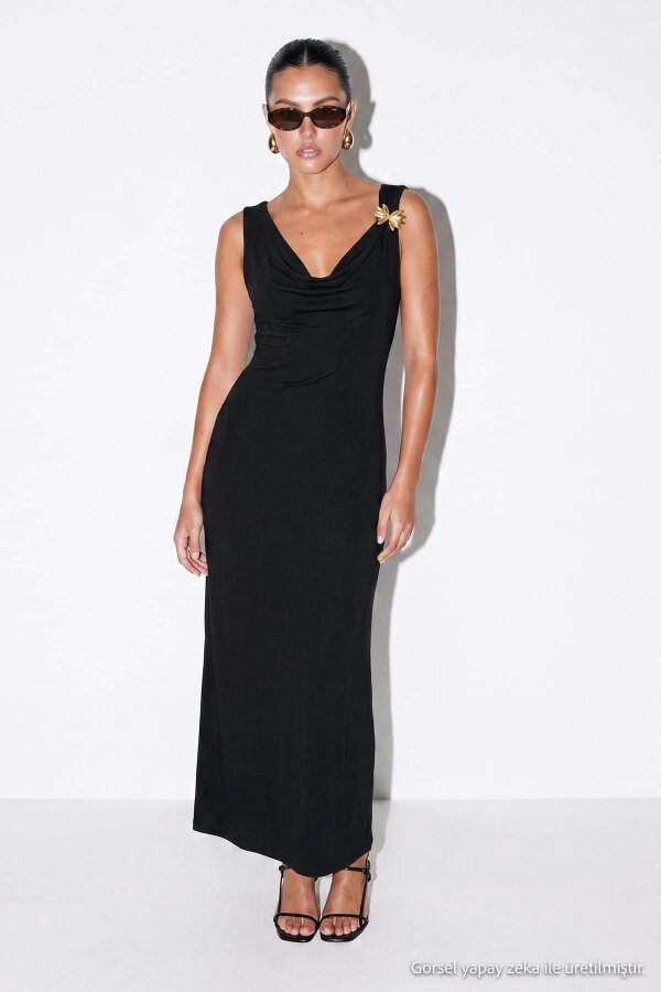 WOVCOR Degaje Neckline Shoulder Embellished Bodycon Midi Dress