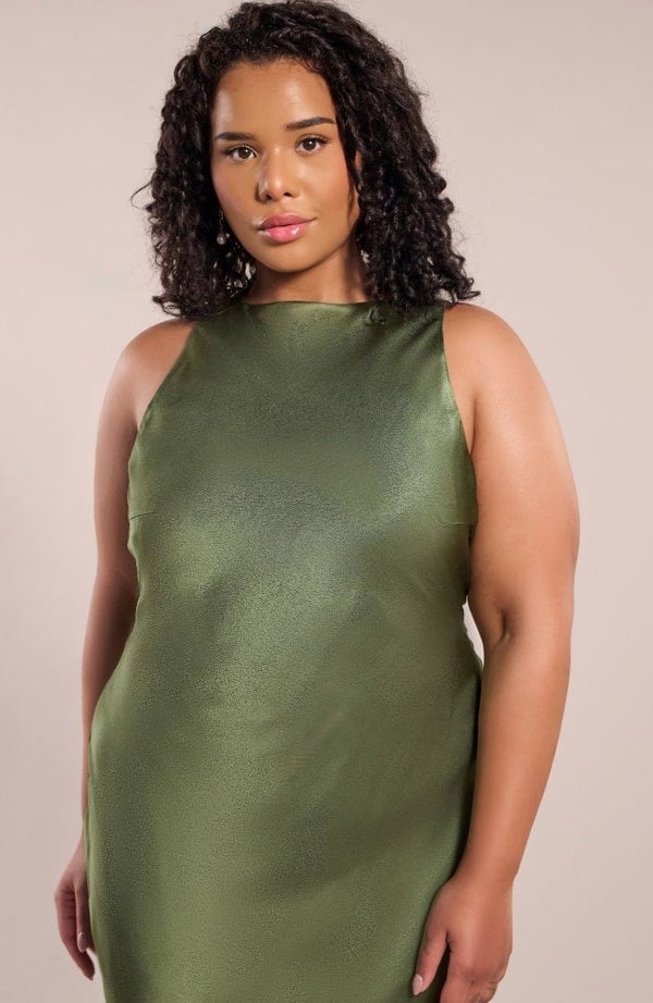 Rewritten London Paris Dress in Olive Green Viscose Satin