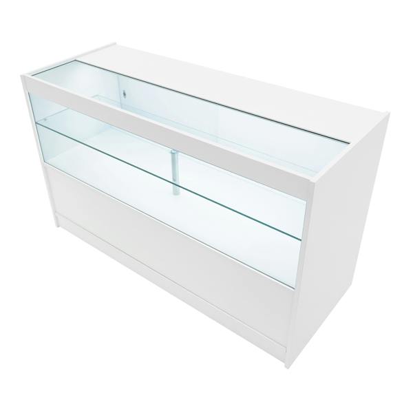 Theia LED shop counter set in white, featuring a sleek design with glass display shelves and a smooth, modern finish