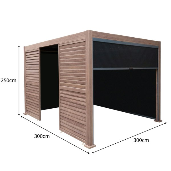 Wood effect aluminium pergola with blinds, two side panels, LED lights, 3m x 3m, showcasing a modern, durable design and sleek finish