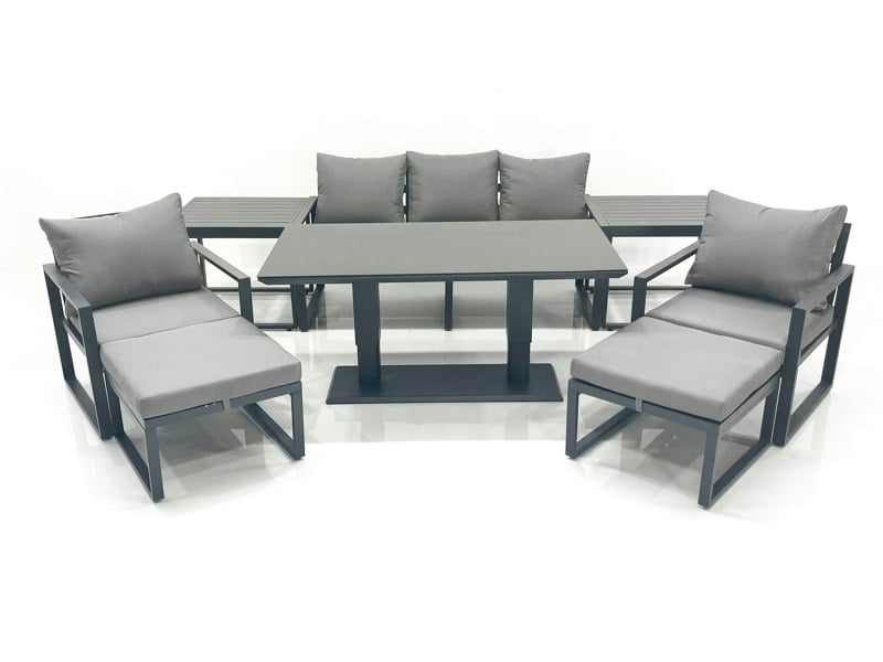 Fimous Dark Grey Aluminium Outdoor Dining Set - Adjustable Lifting Table, 3-Seater Sofa, 2 Chairs, 2 Big Footstools & 2 Side Tables