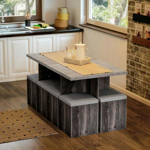 Grey wood-grain dining table with four storage stools and grey seat cushions