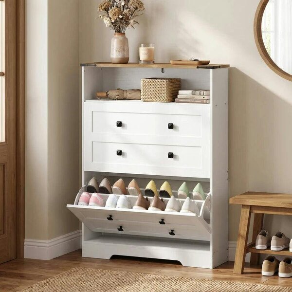 Bobobiy Shoe Cabinet with 2 Flip Drawers, Narrow Shoe Storage Cabinet, White - White