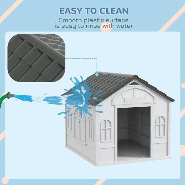 Grey sloped roof and white plastic dog house with raised panels and easy-clean surface